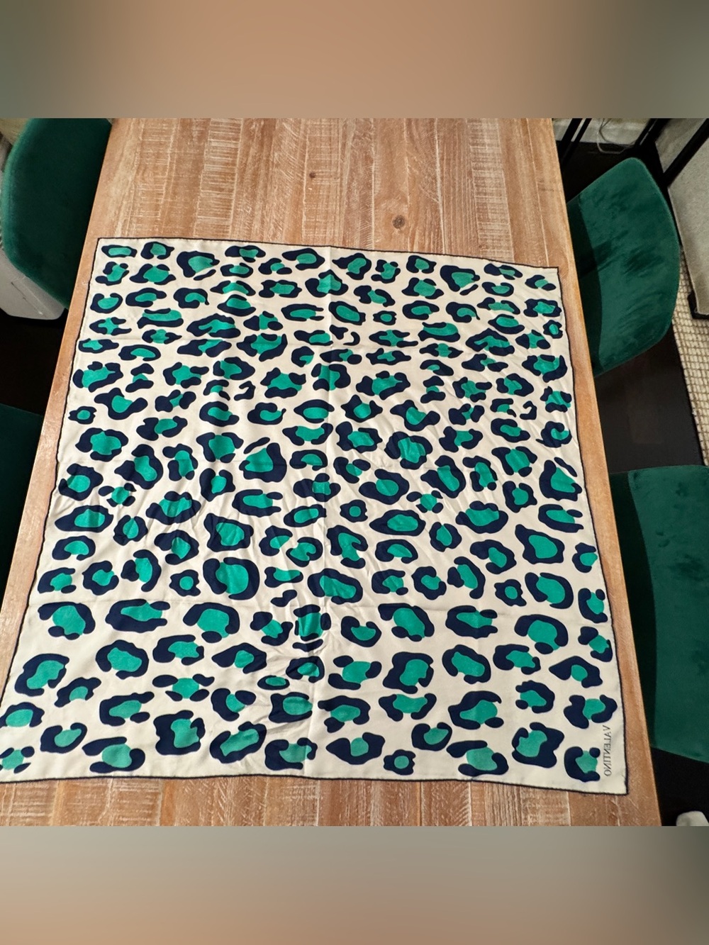 Valentino Silk Scarf - Green & Navy Leopard Print - Picture 5 of 8